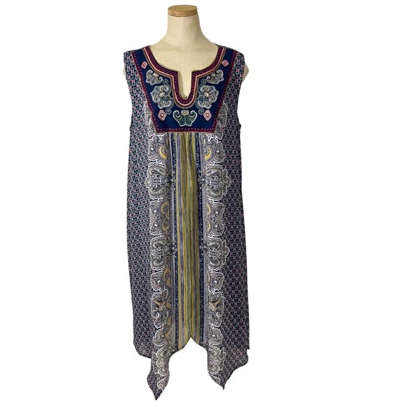 Luxology dress women's 12 blue red patterned a line embroidered boho sleeveless - Picture 1 of 10
